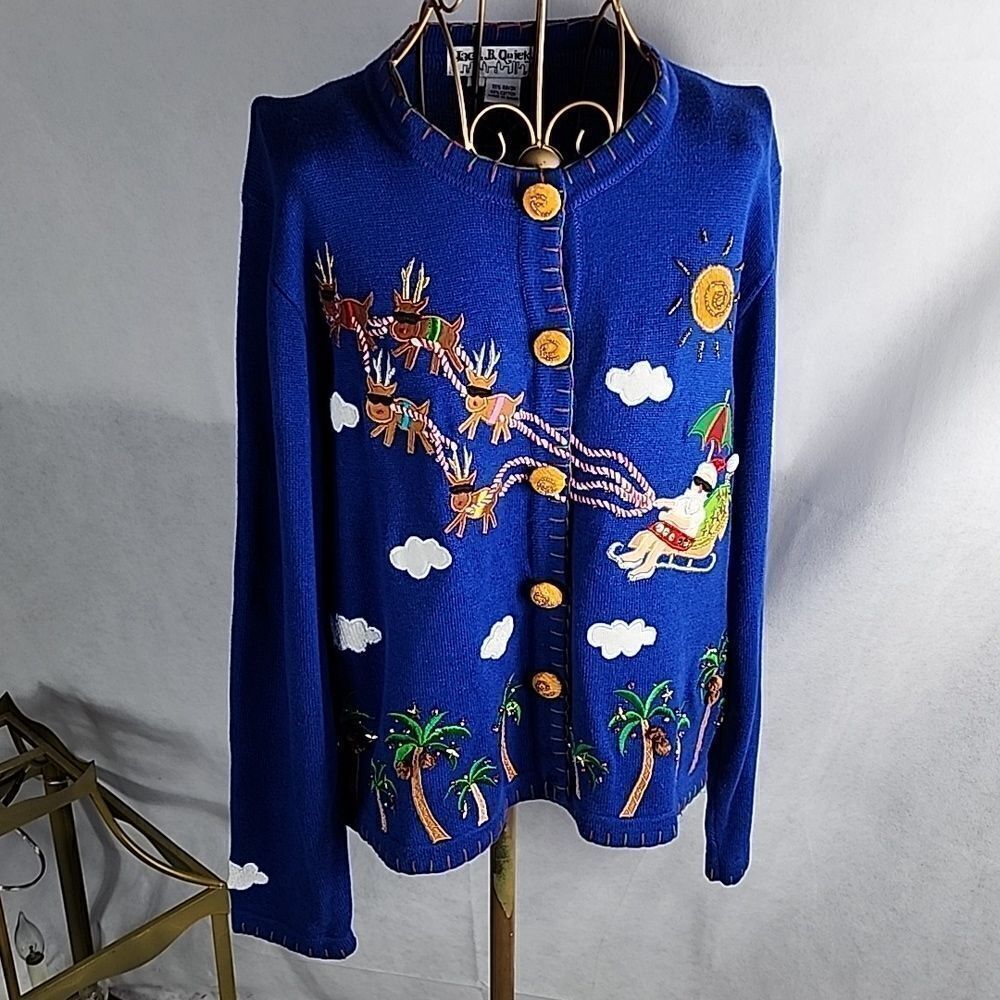 Tropical Island Santa Claus, Sleigh & Reindeer with Sparkle Palms Sweater Size L